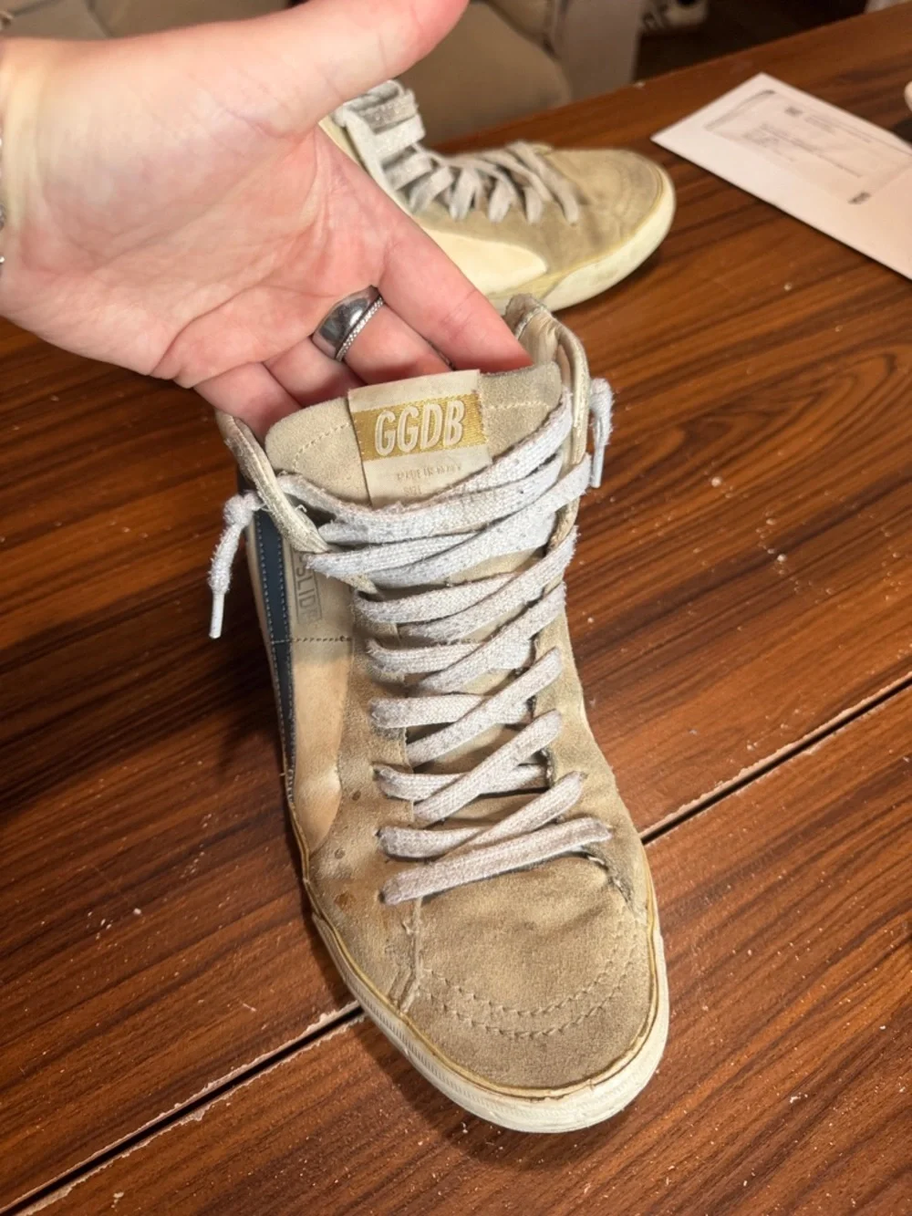 Golden Goose Mid-Top Sneakers in Cream and Blue Star - Picture 2 of 4
